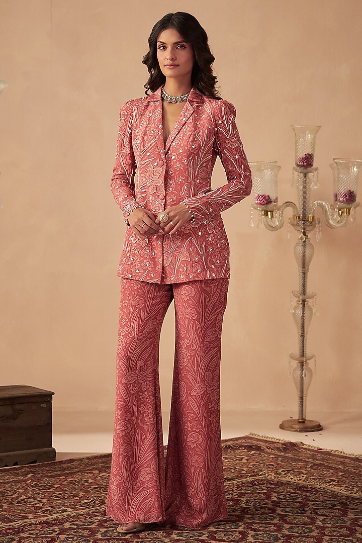 Coral Crepe Hand Embroidered Jacket Set For Girls by Chhavvi Aggarwal - Kids at Pernia's Pop Up Shop