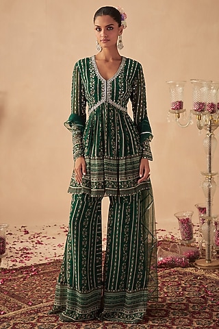 Green Georgette Printed Sharara Set For Girls by Chhavvi Aggarwal - Kids
