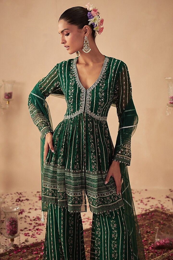 Green Georgette Printed Sharara Set For Girls by Chhavvi Aggarwal - Kids at Pernia's Pop Up Shop