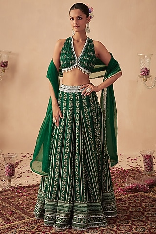 Green Georgette & Crepe Printed Lehenga Set For Girls by Chhavvi Aggarwal - Kids