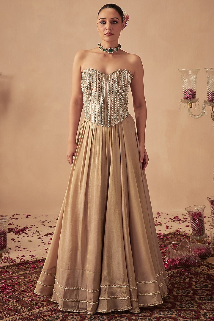 Rose Gold Tissue Lehenga Set For Girls by Chhavvi Aggarwal - Kids at Pernia's Pop Up Shop