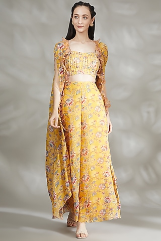 Yellow Floral Printed Sharara Set For Girls by Chhavvi Aggarwal - Kids