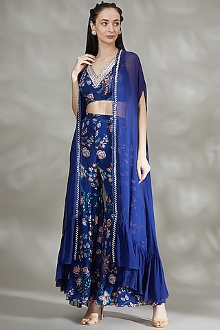 Cobalt Blue Printed Sharara Set For Girls by Chhavvi Aggarwal - Kids