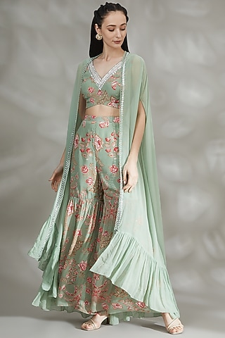 Mint Green Printed Sharara Set For Girls by Chhavvi Aggarwal - Kids