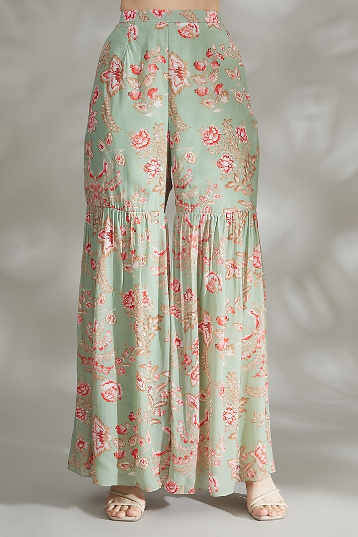 Mint Green Printed Sharara Set For Girls by Chhavvi Aggarwal - Kids at Pernia's Pop Up Shop