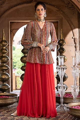 Red Georgette Pant Set For Girls by Chhavvi Aggarwal - Kids