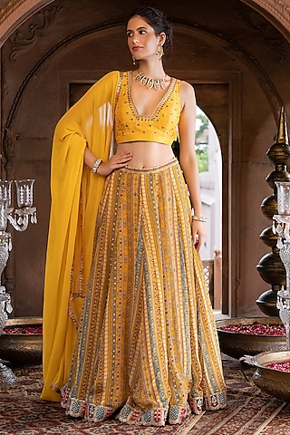 Yellow Crepe Printed Lehenga Set For Girls by Chhavvi Aggarwal - Kids