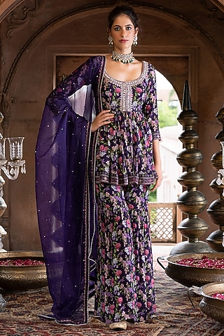 Purple Printed Sharara Set For Girls by Chhavvi Aggarwal - Kids