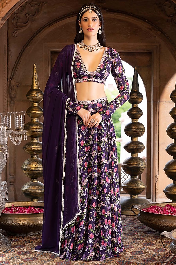 Purple Embroidered & Printed Lehenga Set For Girls by Chhavvi Aggarwal - Kids