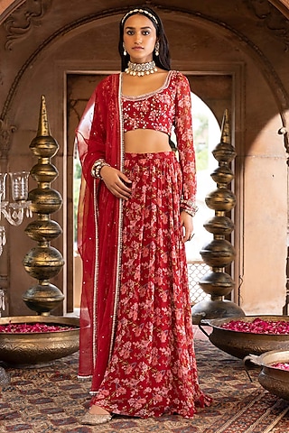 Maroon Georgette Printed Lehenga Set For Girls by Chhavvi Aggarwal - Kids