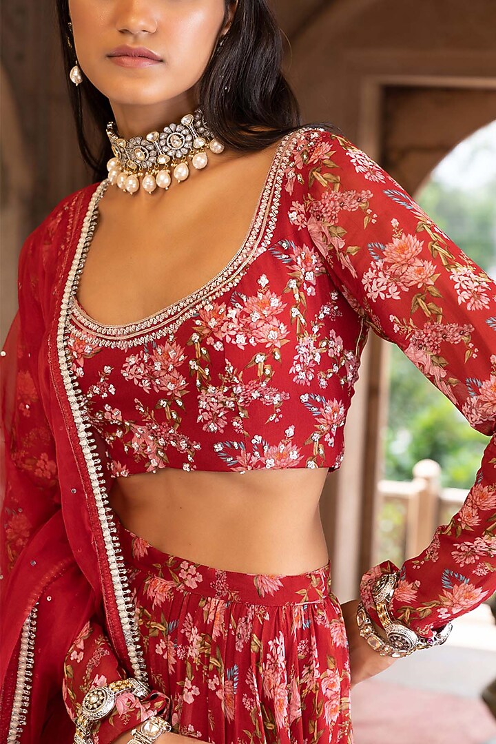 Maroon Georgette Printed Lehenga Set For Girls by Chhavvi Aggarwal - Kids at Pernia's Pop Up Shop