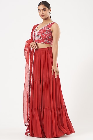 Red Georgette Lehenga Set For Girls by Chhavvi Aggarwal - Kids