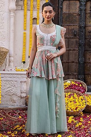 Sage Green Printed Kurta Set For Girls by Chhavvi Aggarwal - Kids