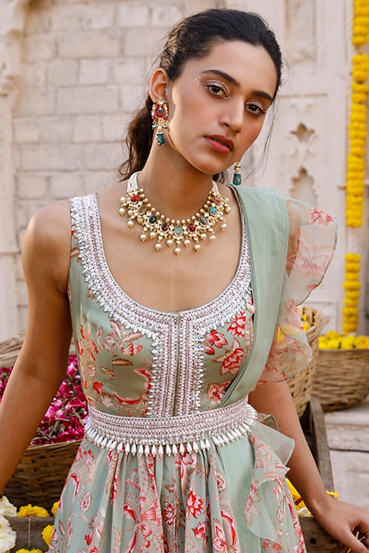 Sage Green Printed Kurta Set For Girls by Chhavvi Aggarwal - Kids at Pernia's Pop Up Shop