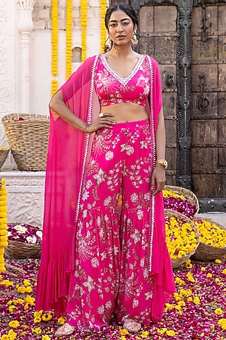 Hot Pink Crepe Sharara Set For Girls by Chhavvi Aggarwal - Kids