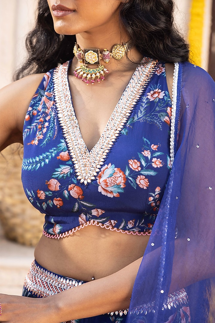 Royal Blue Crepe Printed Lehenga Set For Girls by Chhavvi Aggarwal - Kids at Pernia's Pop Up Shop