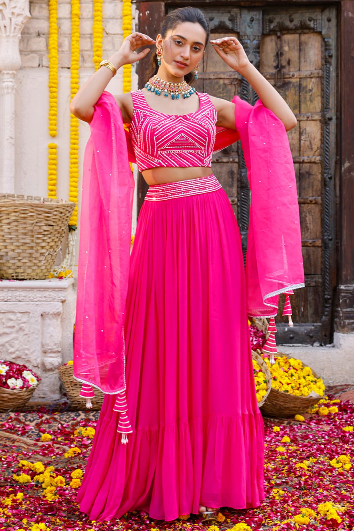 FULPARI Girls Lehenga Choli Fusion Wear, Ethnic Wear Printed Ghagra, Choli,  Dupatta Set (Pink, Pack of 1)