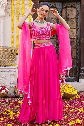 Hot Pink Georgette Lehenga Set For Girls by Chhavvi Aggarwal - Kids