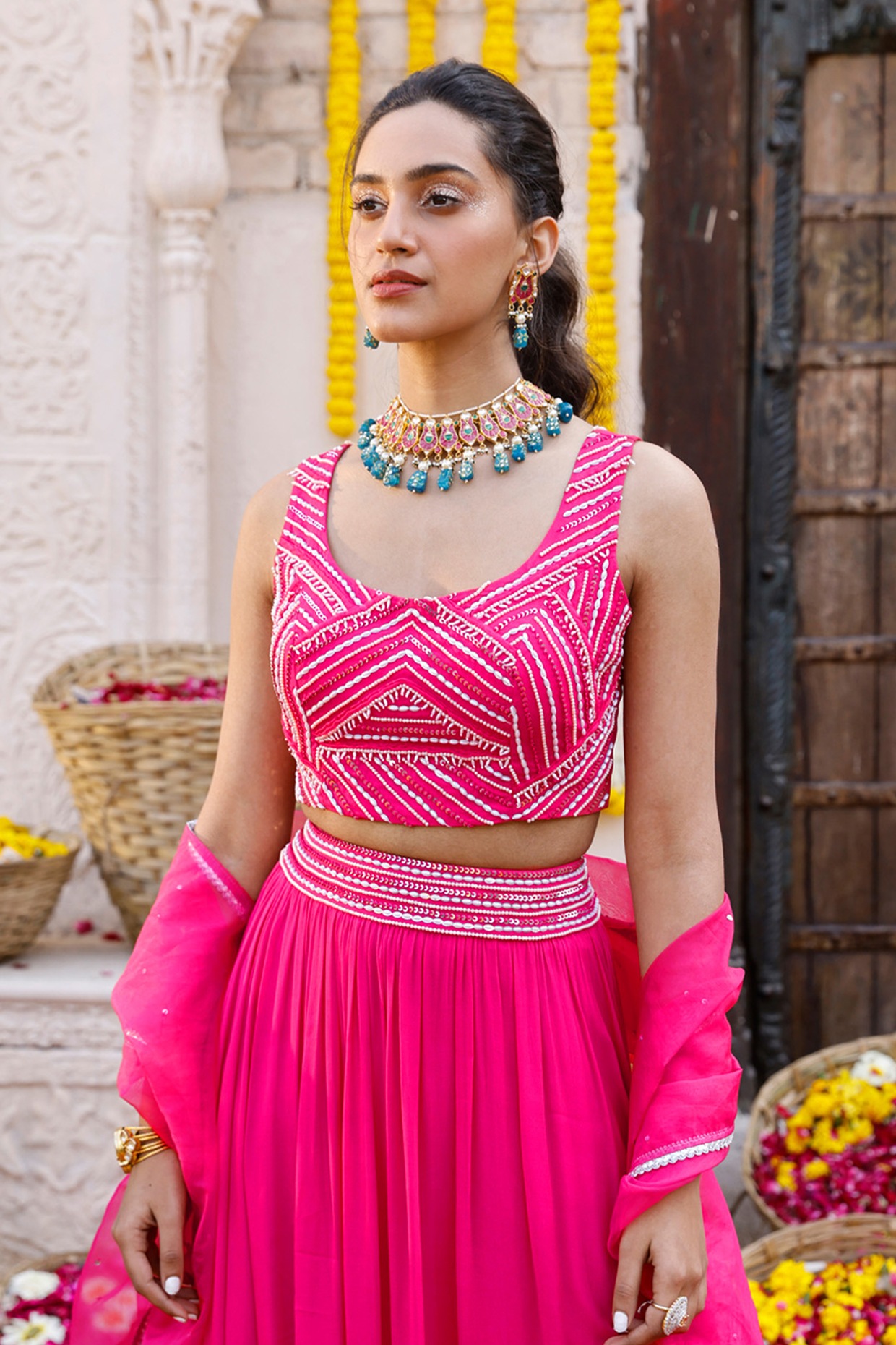 Buy Velvet Hot Pink Lehenga Choli - 55495 - Lehenga