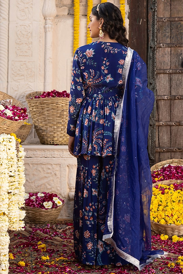 Royal Blue Crepe Printed Sharara Set For Girls by Chhavvi Aggarwal - Kids at Pernia's Pop Up Shop