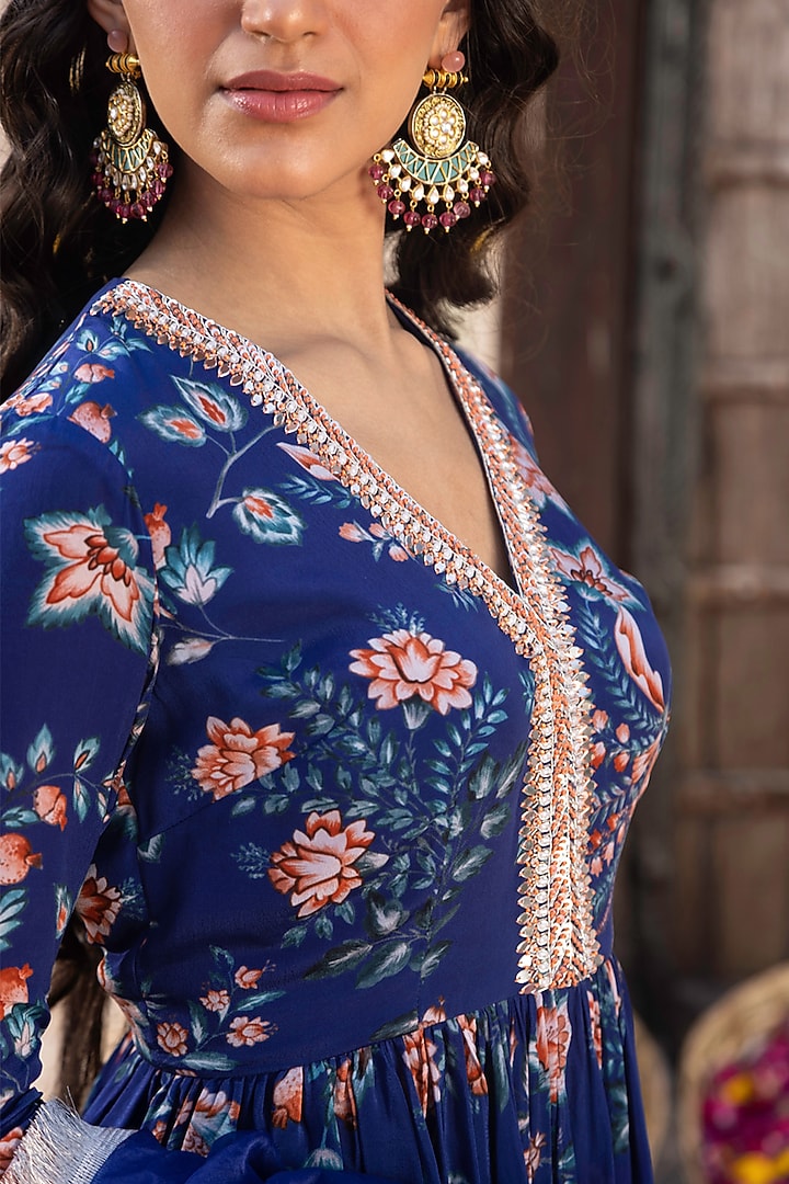 Royal Blue Crepe Printed Sharara Set For Girls by Chhavvi Aggarwal - Kids at Pernia's Pop Up Shop