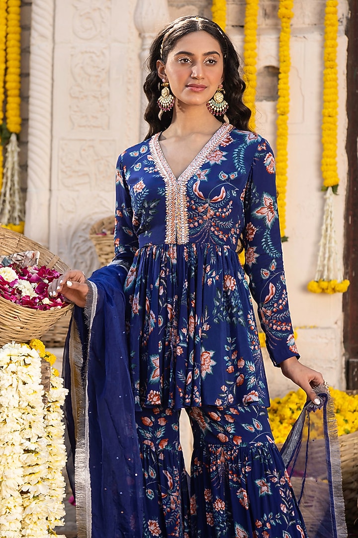 Royal Blue Crepe Printed Sharara Set For Girls by Chhavvi Aggarwal - Kids at Pernia's Pop Up Shop