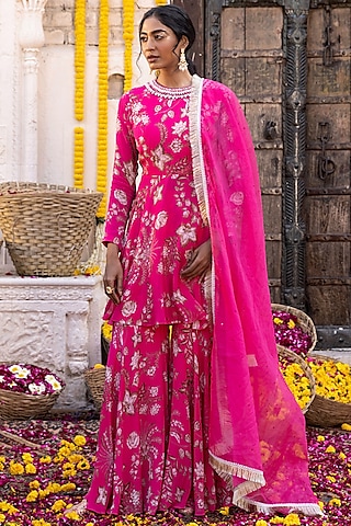 Hot Pink Crepe Printed Sharara Set For Girls by Chhavvi Aggarwal - Kids