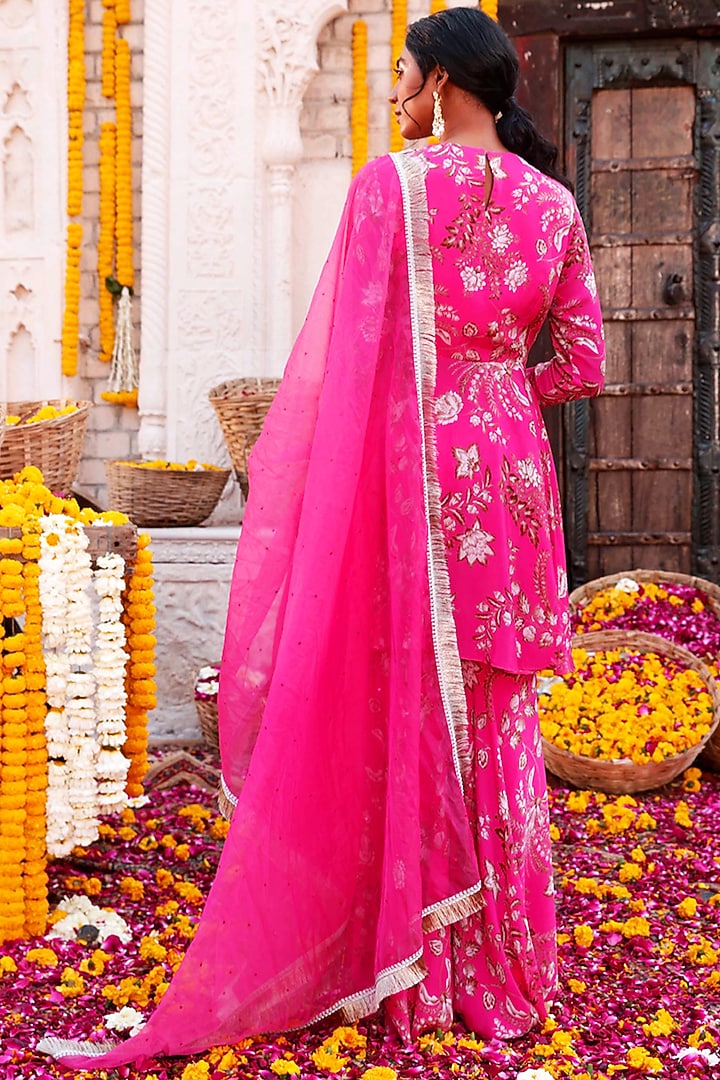 Hot Pink Crepe Printed Sharara Set For Girls by Chhavvi Aggarwal - Kids at Pernia's Pop Up Shop