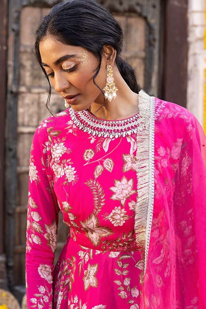 Hot Pink Crepe Printed Sharara Set For Girls by Chhavvi Aggarwal - Kids at Pernia's Pop Up Shop