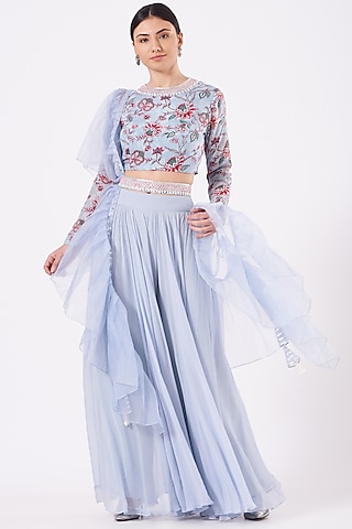 Powder Blue Crepe Printed Sharara Set For Girls by Chhavvi Aggarwal - Kids