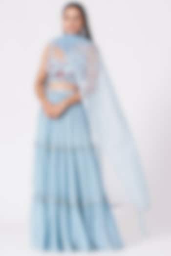 Powder Blue Georgette Tiered Embroidered Lehenga Set For Girls by Chhavvi Aggarwal - Kids