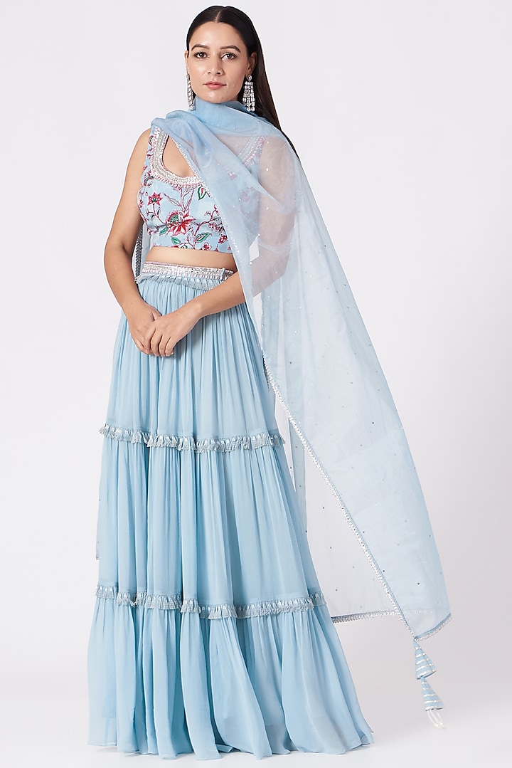 Powder Blue Georgette Tiered Embroidered Lehenga Set For Girls by Chhavvi Aggarwal - Kids