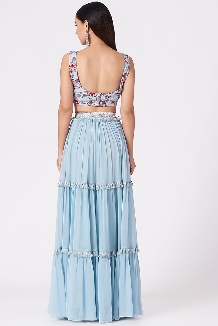 Powder Blue Georgette Tiered Embroidered Lehenga Set For Girls by Chhavvi Aggarwal - Kids at Pernia's Pop Up Shop