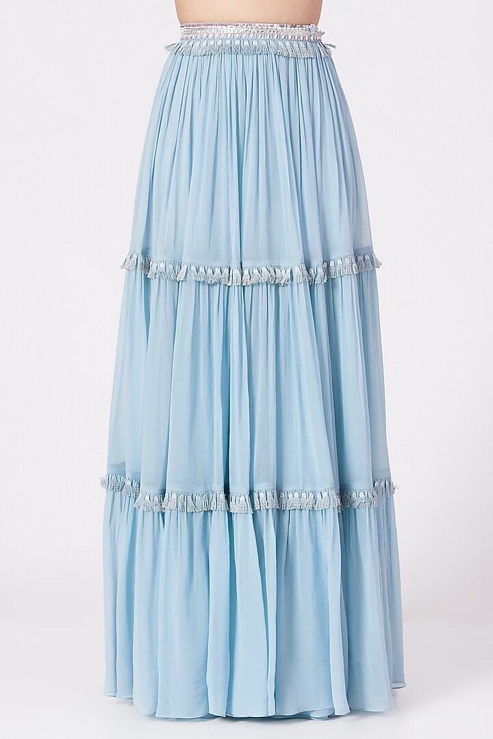 Powder Blue Georgette Tiered Embroidered Lehenga Set For Girls by Chhavvi Aggarwal - Kids at Pernia's Pop Up Shop