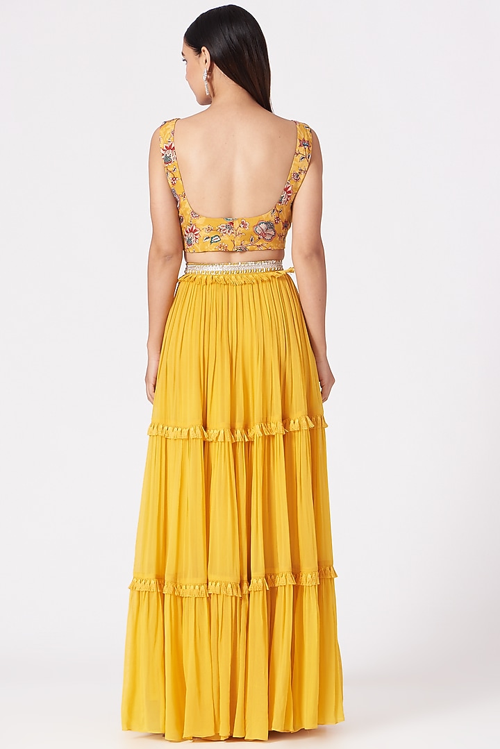 Yellow Georgette Tiered Lehenga Set For Girls by Chhavvi Aggarwal - Kids at Pernia's Pop Up Shop