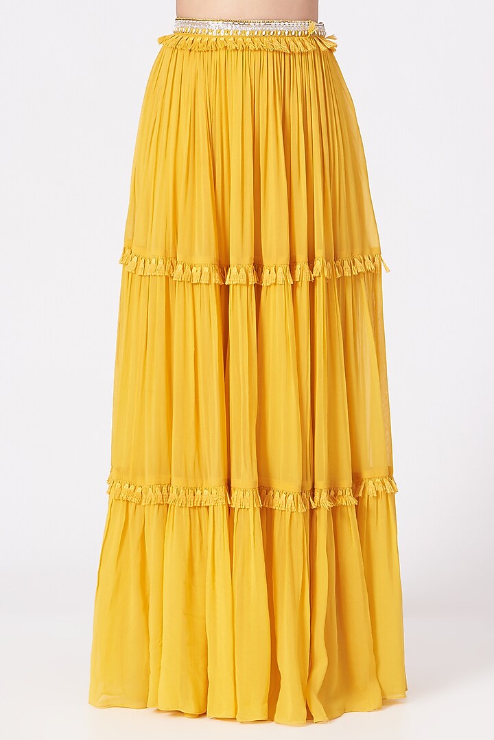 Yellow Georgette Tiered Lehenga Set For Girls by Chhavvi Aggarwal - Kids at Pernia's Pop Up Shop