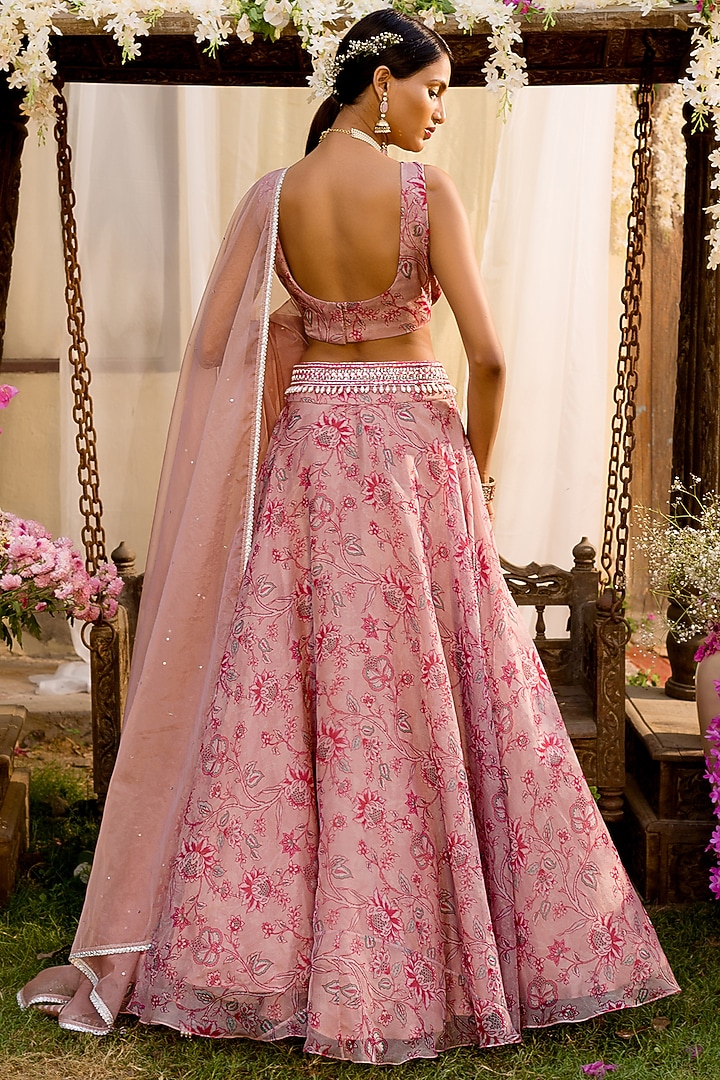 Nude Pink Organza Printed Lehenga Set For Girls by Chhavvi Aggarwal - Kids at Pernia's Pop Up Shop