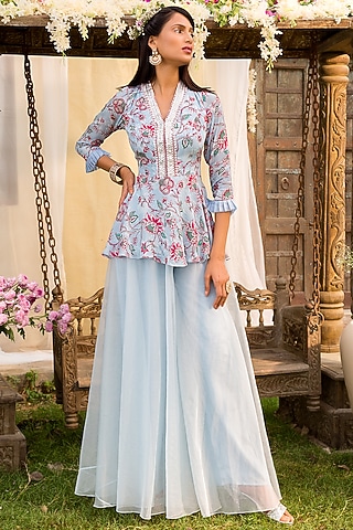 Powder Blue Organza Flared Pant Set For Girls by Chhavvi Aggarwal - Kids