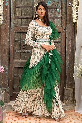 Off White Georgette Printed Pant Set For Girls by Chhavvi Aggarwal - Kids
