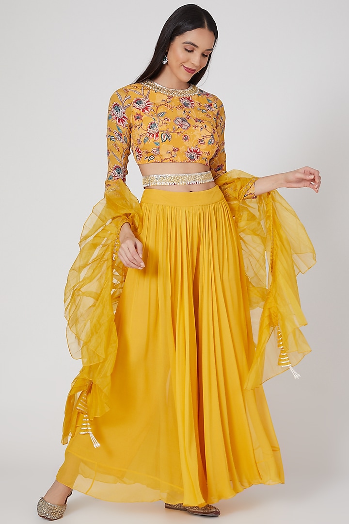 Yellow Printed & Embroidered Palazzo Pant Set For Girls by Chhavvi Aggarwal - Kids