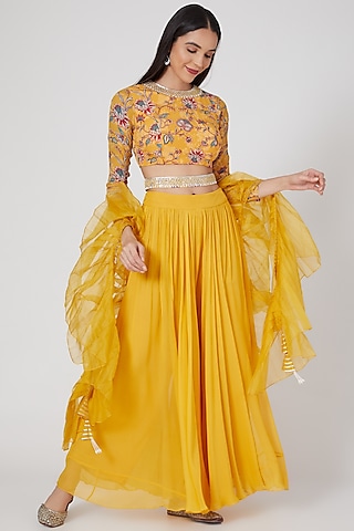 Yellow Printed & Embroidered Palazzo Pant Set For Girls by Chhavvi Aggarwal - Kids