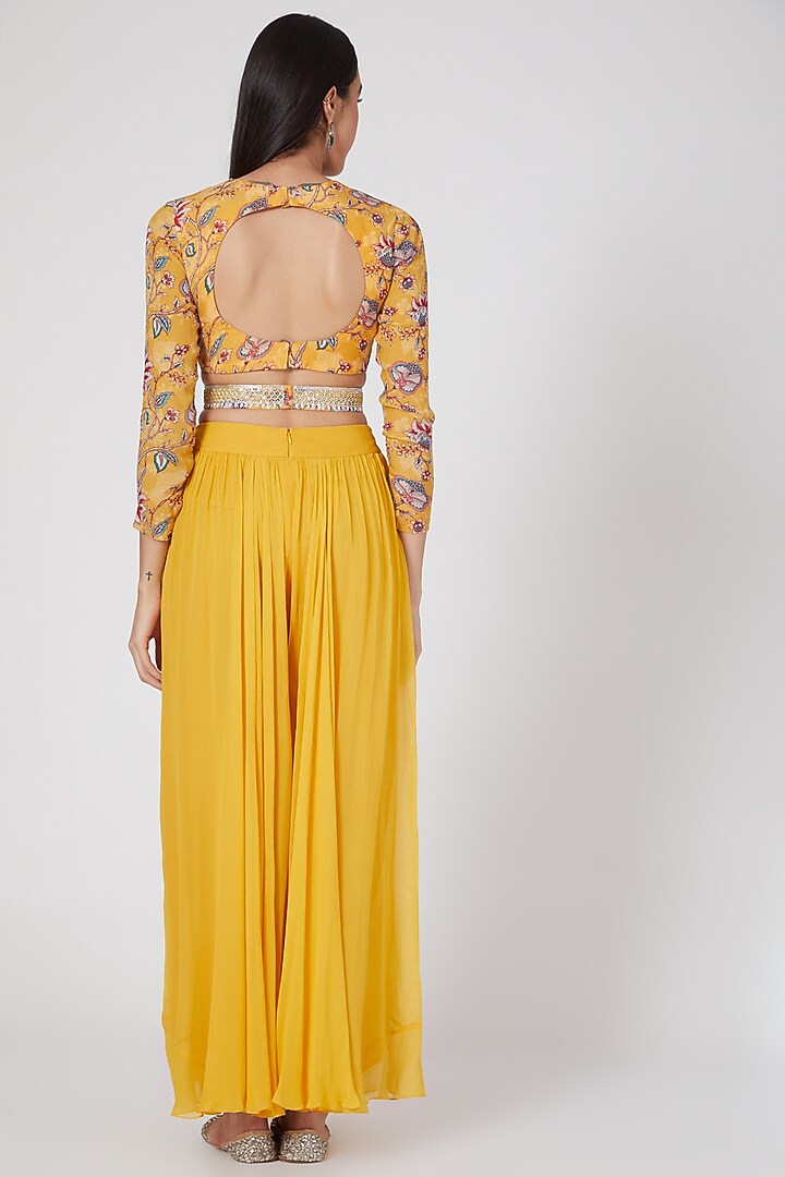 Yellow Printed & Embroidered Palazzo Pant Set For Girls by Chhavvi Aggarwal - Kids at Pernia's Pop Up Shop
