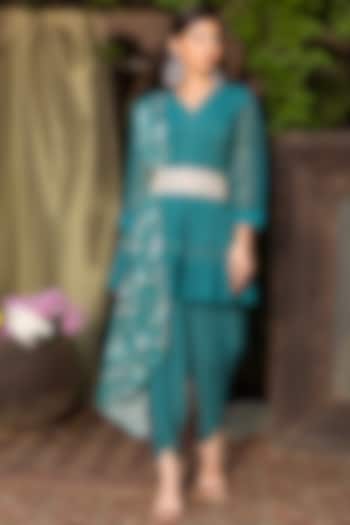 Teal Blue Crepe Tunic Set For Girls by Chhavvi Aggarwal - Kids