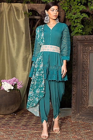 Teal Blue Crepe Tunic Set For Girls by Chhavvi Aggarwal - Kids