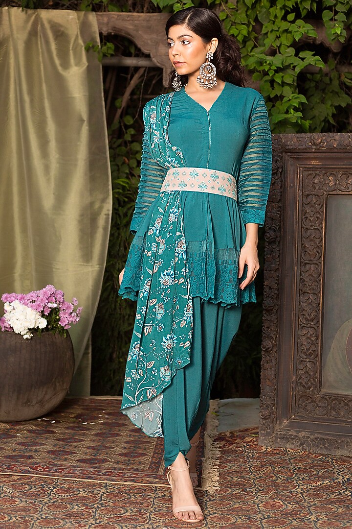 Teal Blue Crepe Tunic Set For Girls by Chhavvi Aggarwal - Kids at Pernia's Pop Up Shop