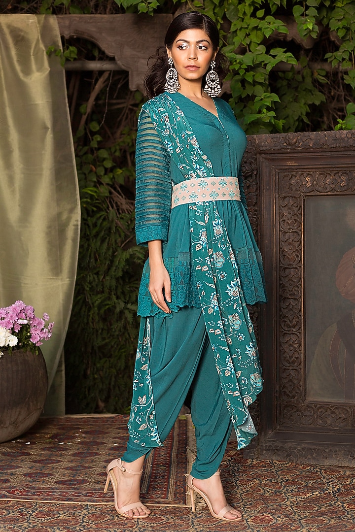 Teal Blue Crepe Tunic Set For Girls by Chhavvi Aggarwal - Kids at Pernia's Pop Up Shop