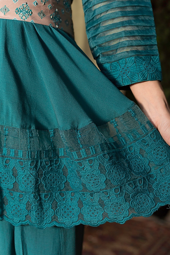 Teal Blue Crepe Tunic Set For Girls by Chhavvi Aggarwal - Kids at Pernia's Pop Up Shop