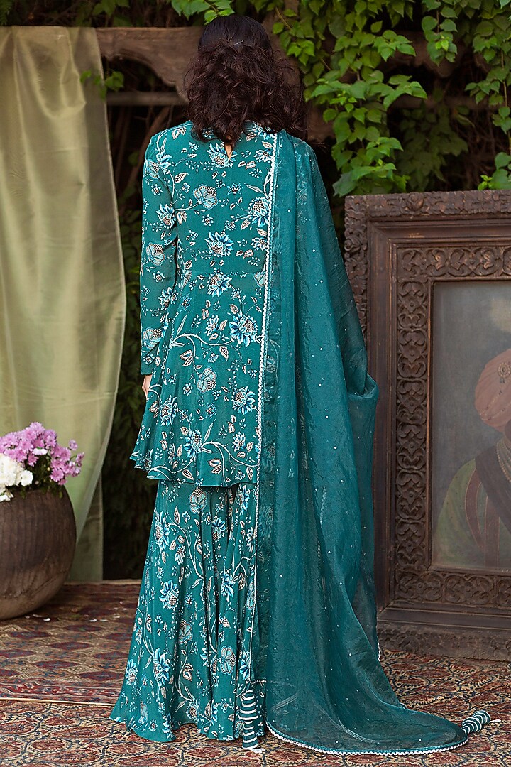 Teal Blue Printed Sharara Set For Girls by Chhavvi Aggarwal - Kids at Pernia's Pop Up Shop