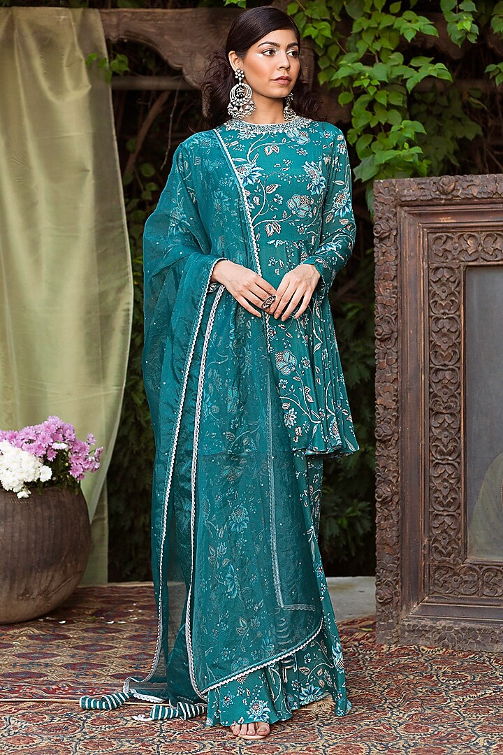 Teal Blue Printed Sharara Set For Girls by Chhavvi Aggarwal - Kids at Pernia's Pop Up Shop