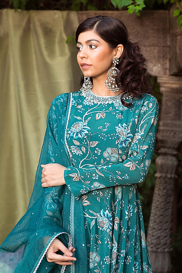 Teal Blue Printed Sharara Set For Girls by Chhavvi Aggarwal - Kids at Pernia's Pop Up Shop